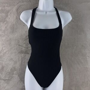 Reformation Ribbed Bodysuit Womens Size XS Black Strappy Open Back Stretch